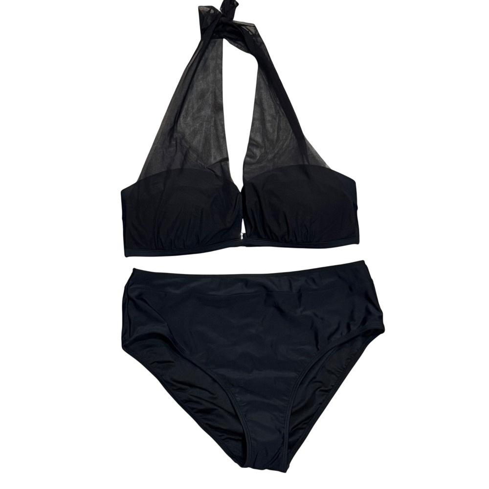 CupShe Bikini Set Women Large Black New Halter Mesh High Waisted Swimsuit‎